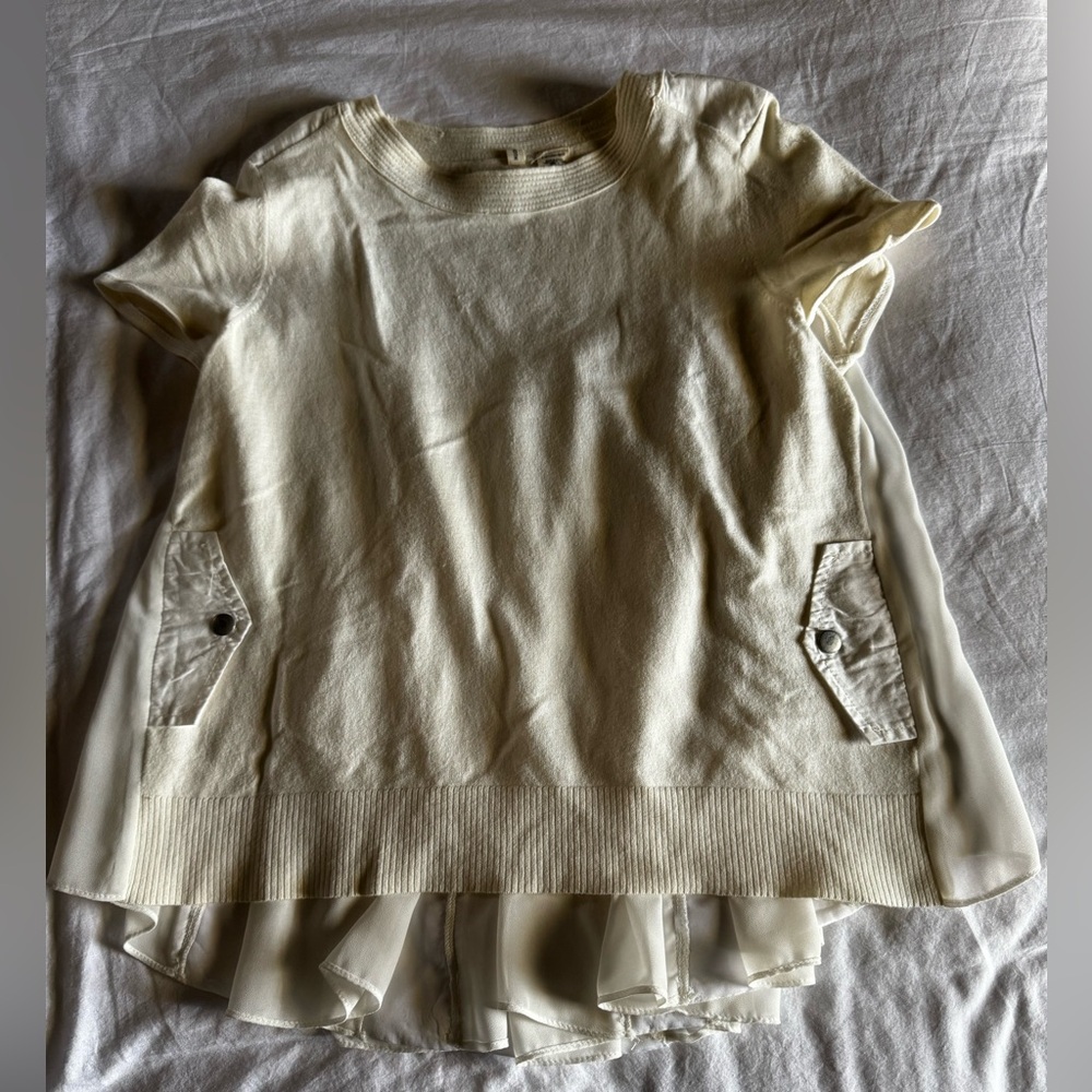 Anthropologie Moth Cream Blouse with Ruffle Hem (Petite Small)